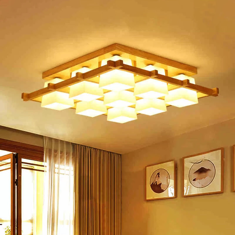 Nordic 4/6/9-Light Ceiling Mount Light Wood Grid Semi Flush Mount with Opal Frosted Glass Shade