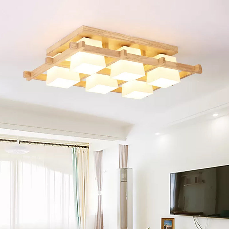Nordic 4/6/9-Light Ceiling Mount Light Wood Grid Semi Flush Mount with Opal Frosted Glass Shade