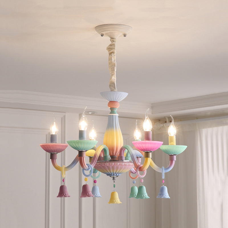 6 Lights Candle Hanging Light with Bell Deco Modern Glass Colorful Chandelier for Girl Bedroom