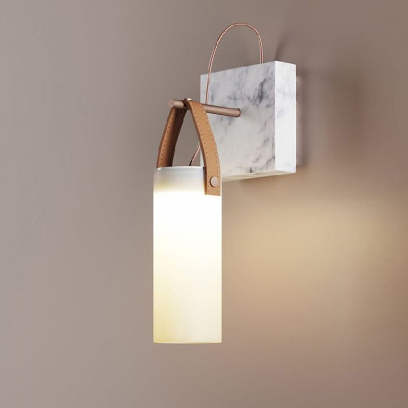 Cylinder Bedside Wall Hanging Light White Glass Nordic LED Wall Light with Leather Strap