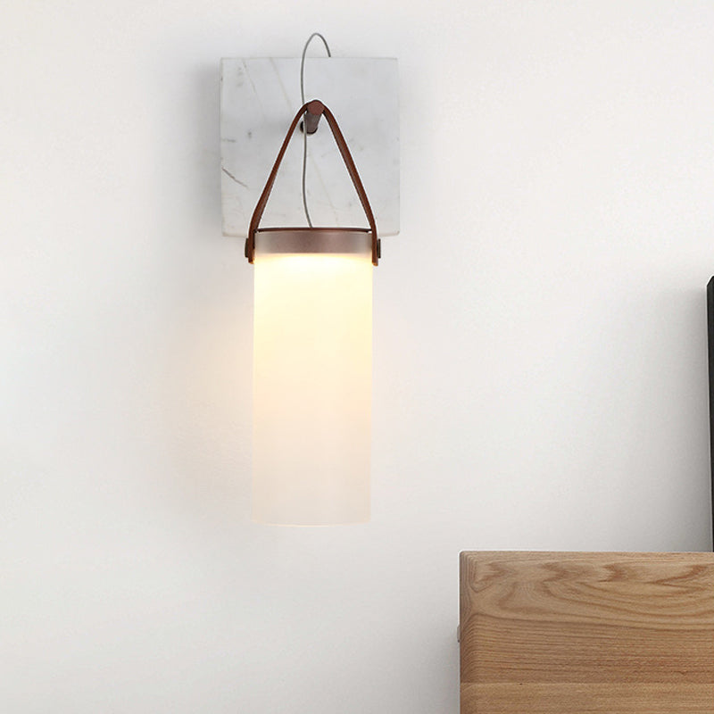 Cylinder Bedside Wall Hanging Light White Glass Nordic LED Wall Light with Leather Strap