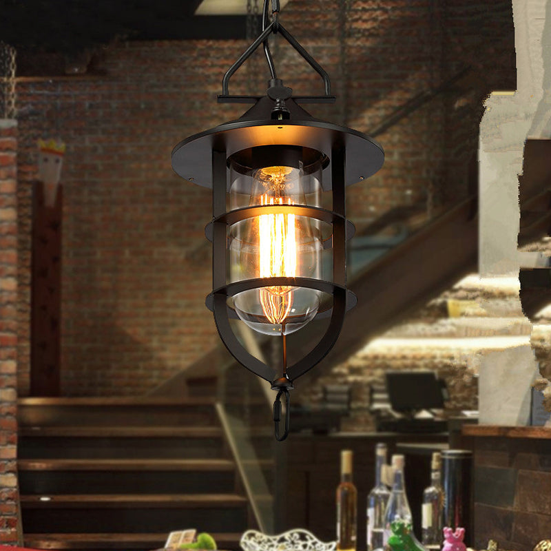 Luz de colgante de vidrio transparente de una sola bombilla Cápsula negra vintage comedor de comedor Péndulo con jaula