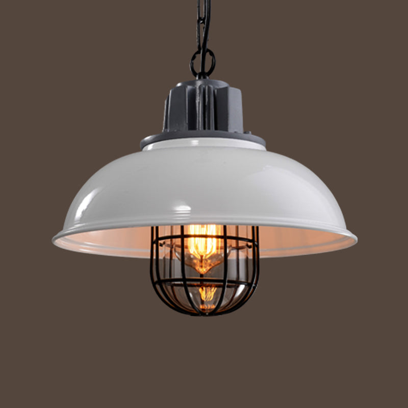 Bowl Bistro Hanging Light Kit Country Iron 1 Head Rust/White Pendant Lamp with Cage and Inner Glass Shade