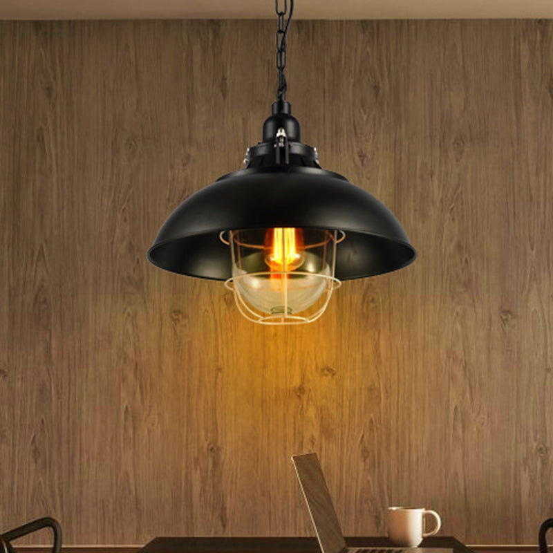 12"/16" W Bowl Metal Pendant Lighting Rustic 1-Light Bistro Hanging Lamp with Wire Cage and Clear Glass Shade in Black