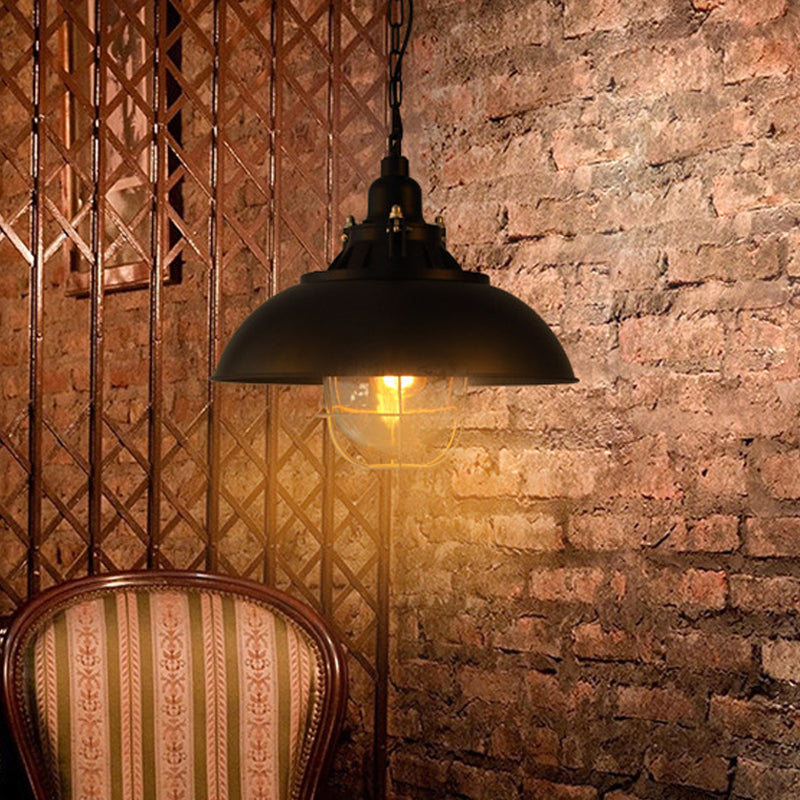 12"/16" W Bowl Metal Pendant Lighting Rustic 1-Light Bistro Hanging Lamp with Wire Cage and Clear Glass Shade in Black