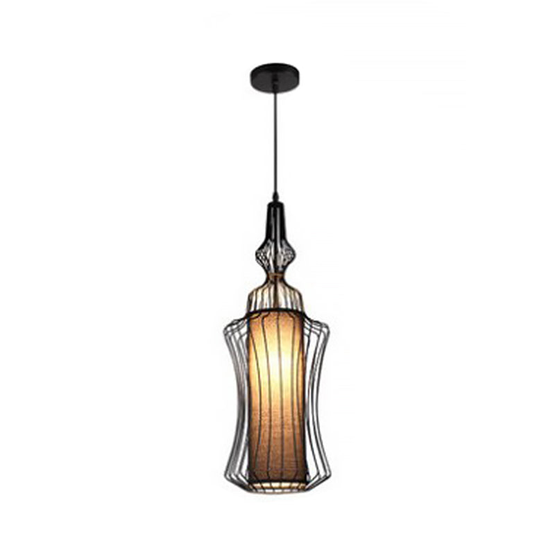Iluminación colgante de hierro en forma de calabaza Retro 1 Bulbo Comedor comedor Linterna colgante con sombra de tela dentro de negro