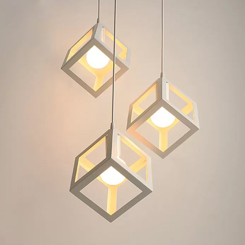 1 Head Down Lighting Pendant Nordic Cube Frame Metal Ceiling Hang Light in White