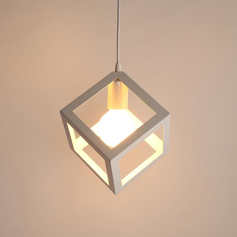 1 Head Down Lighting Pendant Nordic Cube Frame Metal Ceiling Hang Light in White
