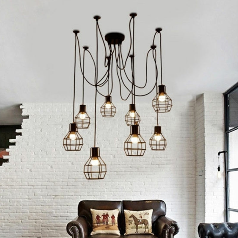 Industrial Ball Cage Swag Pendant 8-Head Iron Multiple Hanging Light in Black for Living Room