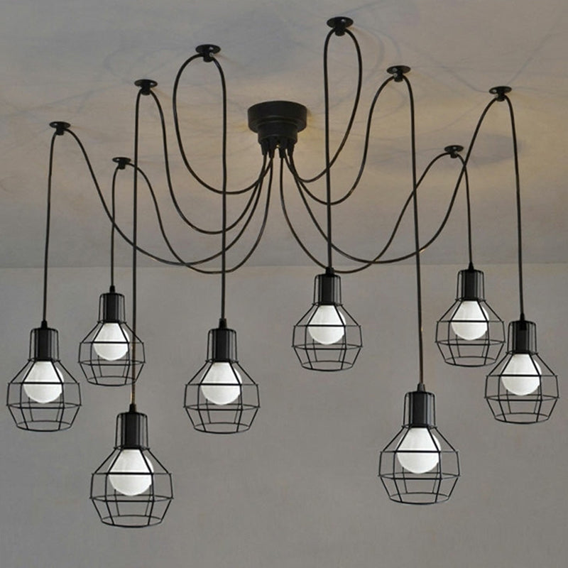Industrial Ball Cage Swag Pendant 8-Head Iron Multiple Hanging Light in Black for Living Room