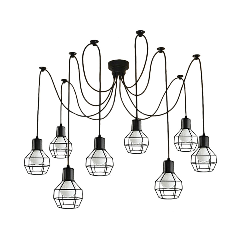Industrial Ball Cage Swag Pendant 8-Head Iron Multiple Hanging Light in Black for Living Room