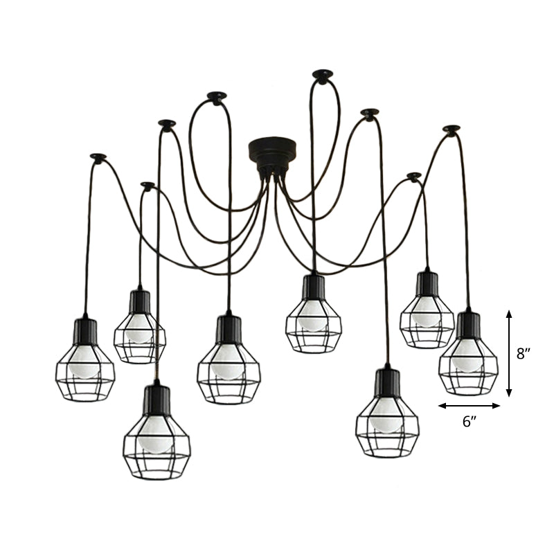 Industrial Ball Cage Swag Pendant 8-Head Iron Multiple Hanging Light in Black for Living Room