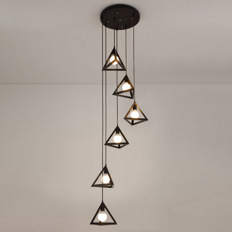 Luz de colgante de clúster de 6 bombas Triangle Vintage Metal Luz de techo colgante en negro