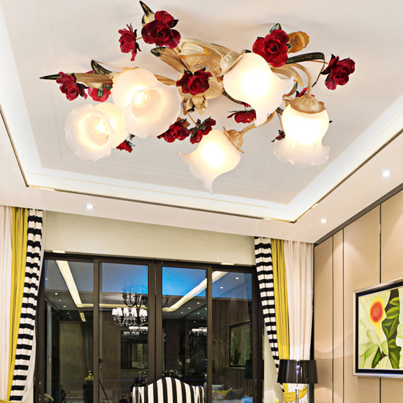3/5-Light Flush Lamp Romantic Pastoral Living Room Semi Flush Mount with Flower Frosted Glass Shade in White