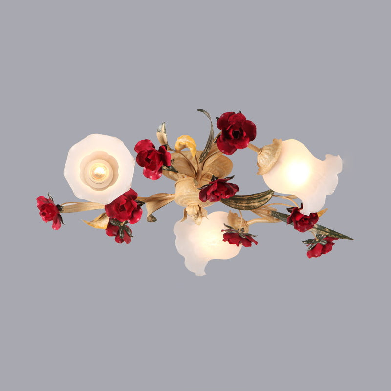 3/5-Light Flush Lamp Romantic Pastoral Living Room Semi Flush Mount with Flower Frosted Glass Shade in White