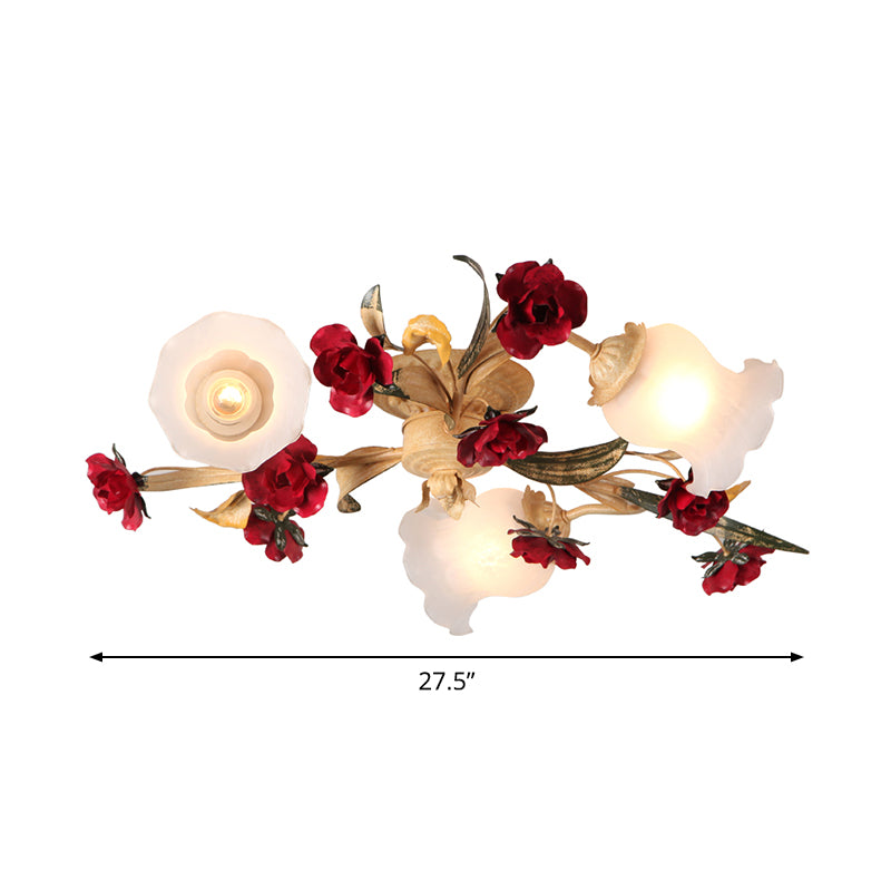 3/5-Light Flush Lamp Romantic Pastoral Living Room Semi Flush Mount with Flower Frosted Glass Shade in White