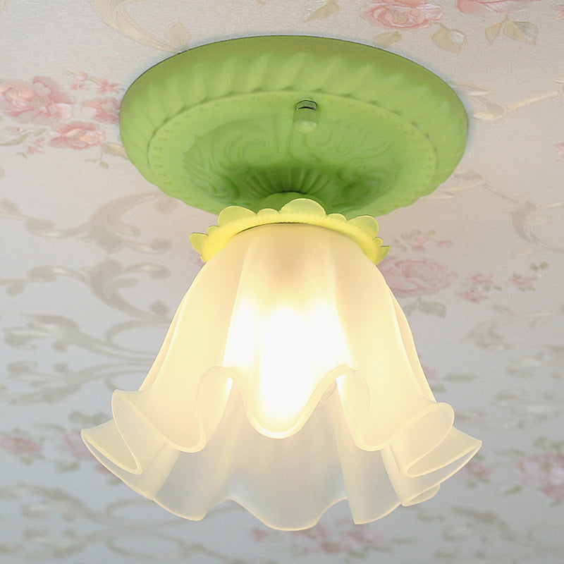 White/Green/Pink Floral Flush Ceiling Light Pastoral Style Frosted Milky Glass 1-Bulb Aisle Flush Mounted Lamp