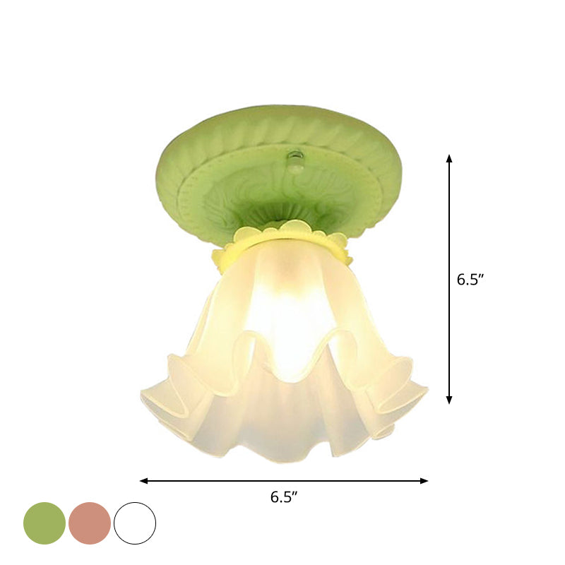 White/Green/Pink Floral Flush Ceiling Light Pastoral Style Frosted Milky Glass 1-Bulb Aisle Flush Mounted Lamp