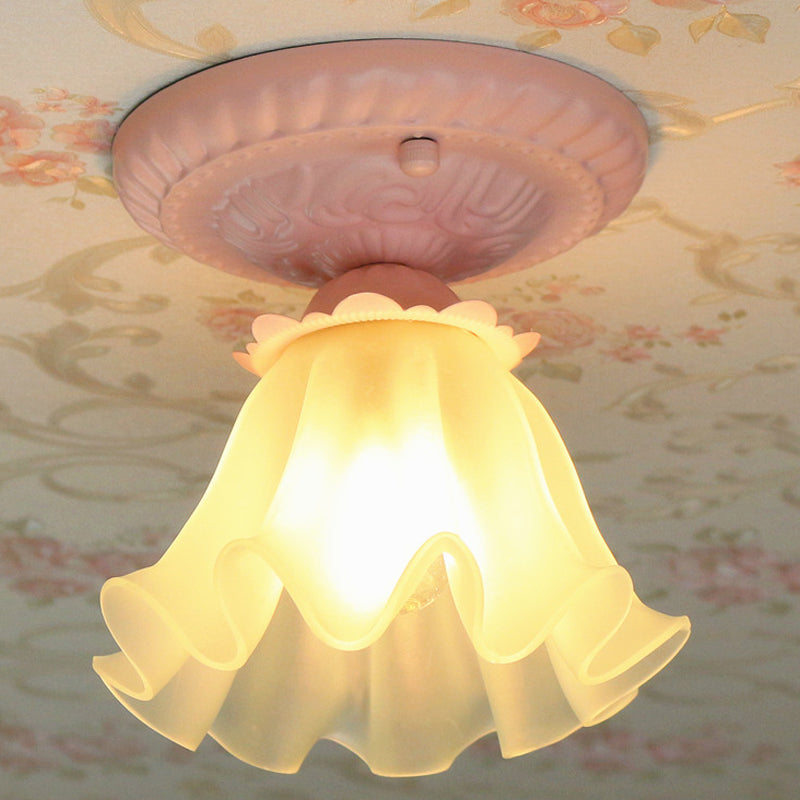 White/Green/Pink Floral Flush Ceiling Light Pastoral Style Frosted Milky Glass 1-Bulb Aisle Flush Mounted Lamp