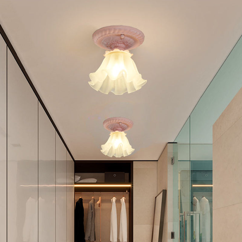 White/Green/Pink Floral Flush Ceiling Light Pastoral Style Frosted Milky Glass 1-Bulb Aisle Flush Mounted Lamp