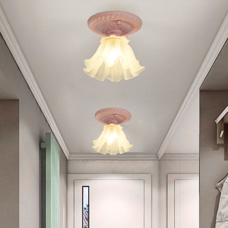 White/Green/Pink Floral Flush Ceiling Light Pastoral Style Frosted Milky Glass 1-Bulb Aisle Flush Mounted Lamp