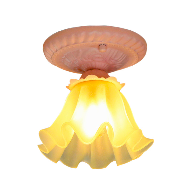 White/Green/Pink Floral Flush Ceiling Light Pastoral Style Frosted Milky Glass 1-Bulb Aisle Flush Mounted Lamp