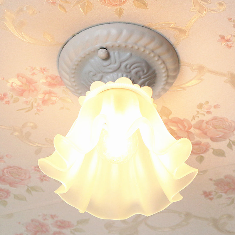 White/Green/Pink Floral Flush Ceiling Light Pastoral Style Frosted Milky Glass 1-Bulb Aisle Flush Mounted Lamp