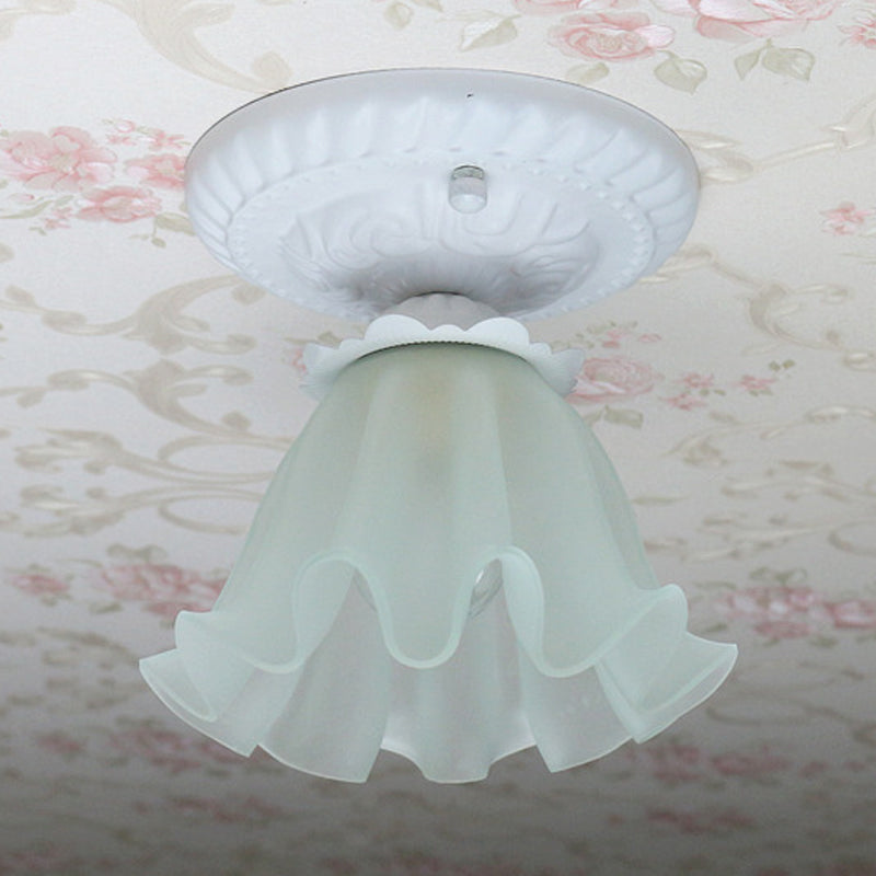 White/Green/Pink Floral Flush Ceiling Light Pastoral Style Frosted Milky Glass 1-Bulb Aisle Flush Mounted Lamp