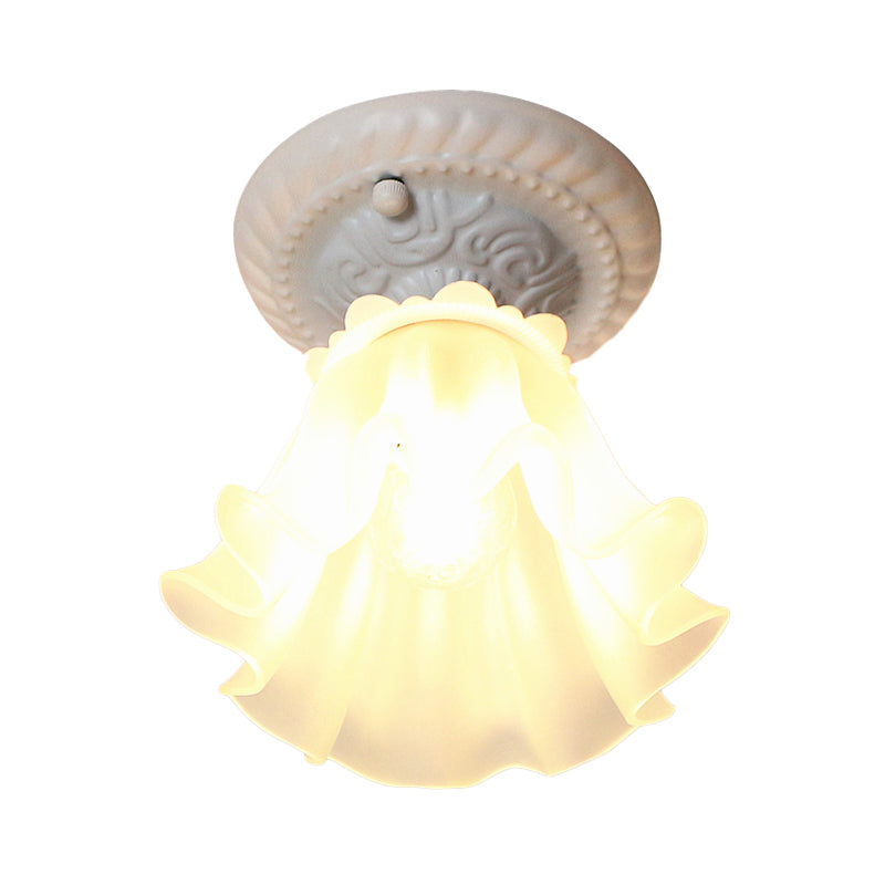 White/Green/Pink Floral Flush Ceiling Light Pastoral Style Frosted Milky Glass 1-Bulb Aisle Flush Mounted Lamp