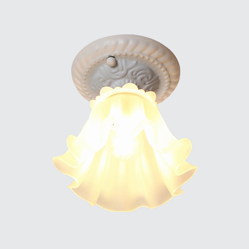 White/Green/Pink Floral Flush Ceiling Light Pastoral Style Frosted Milky Glass 1-Bulb Aisle Flush Mounted Lamp