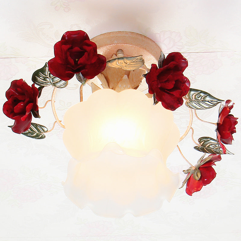 Korean Garden Ruffle Semi Flush Mounted Lamp 1-Light Frost White Glass Ceiling Light with Red Rose Deco