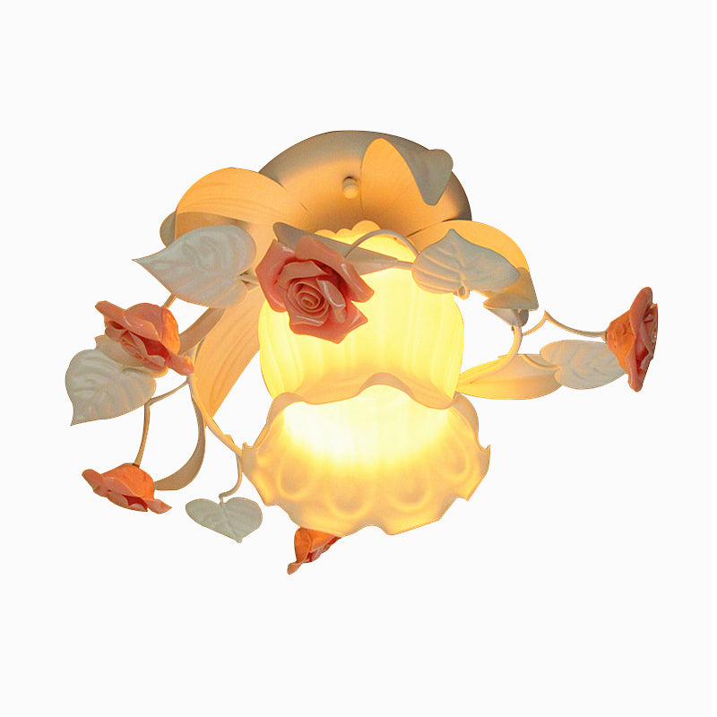 1 Light Ruffle Semi Flush Mount Lamp Korean Garden White Frosted Glass Flush Ceiling Light with Flower Deco