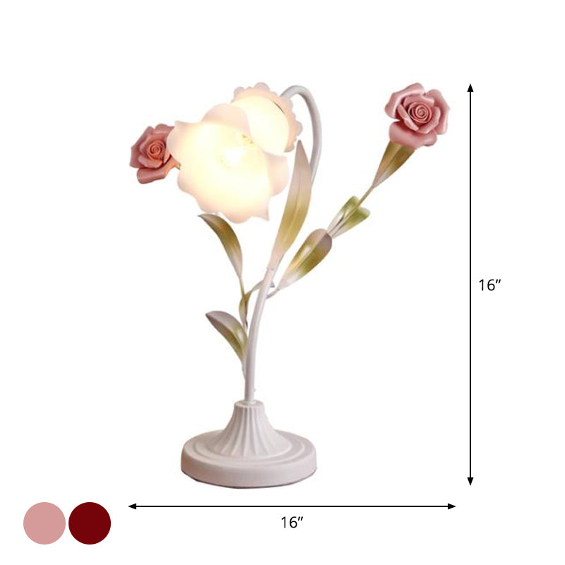 Table à 1 bulbe clair jardin coréen lampe de nuit de salle à manger avec une nuance en verre givrée à l'opale florale en rouge / rose