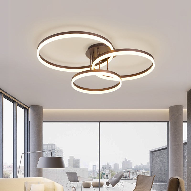 Gold/Coffee 3-Ring LED Ceiling Fixture Minimalist Acrylic Semi Flush Mount Lamp in Warm/White Light