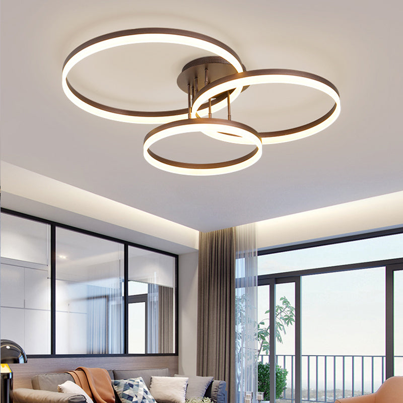 Gold/Coffee 3-Ring LED Ceiling Fixture Minimalist Acrylic Semi Flush Mount Lamp in Warm/White Light