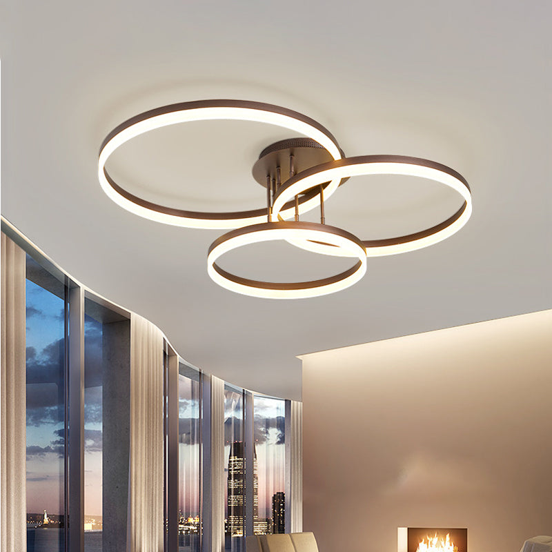Gold/Coffee 3-Ring LED Ceiling Fixture Minimalist Acrylic Semi Flush Mount Lamp in Warm/White Light