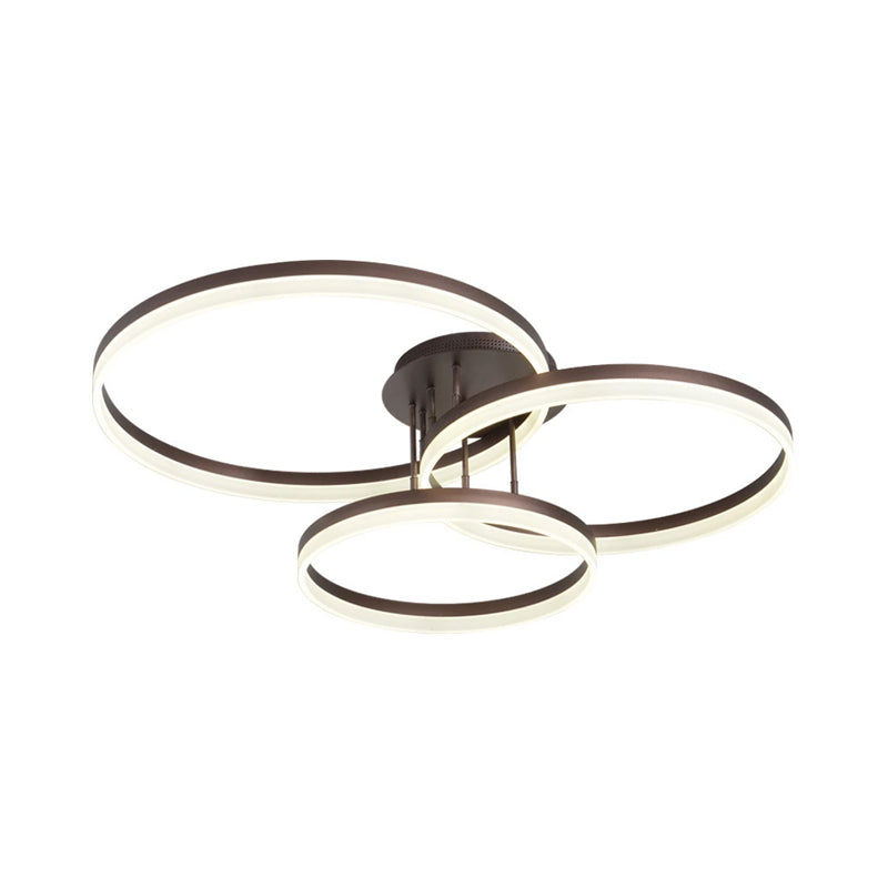 Gold/Coffee 3-Ring LED Ceiling Fixture Minimalist Acrylic Semi Flush Mount Lamp in Warm/White Light