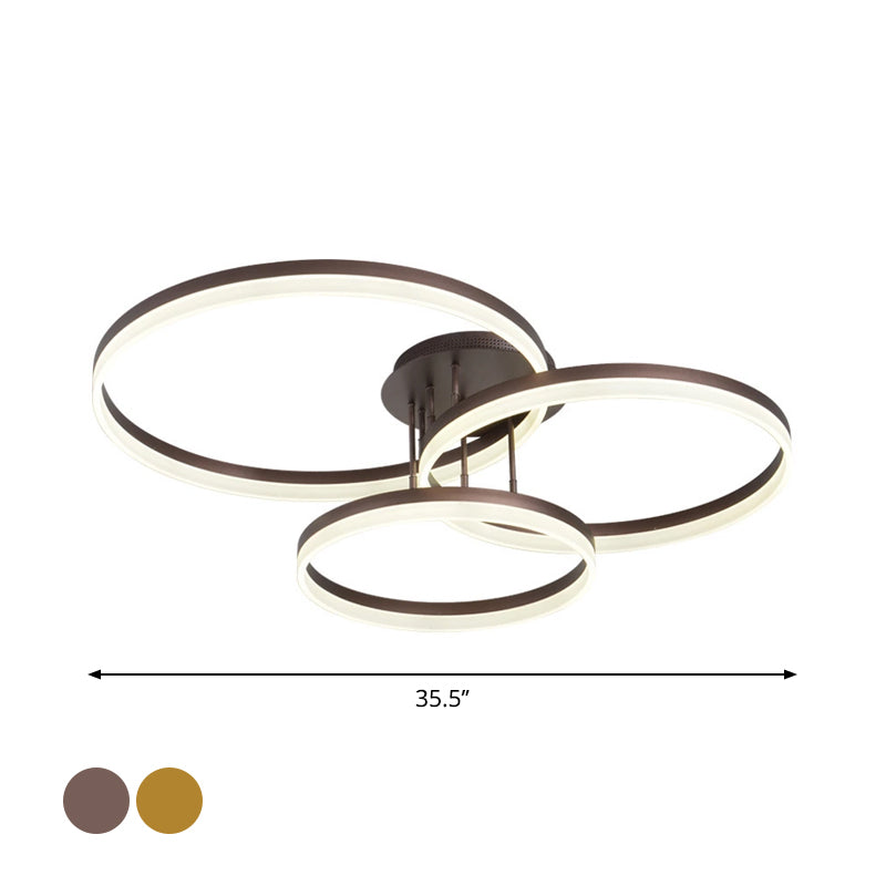 Gold/Coffee 3-Ring LED Ceiling Fixture Minimalist Acrylic Semi Flush Mount Lamp in Warm/White Light