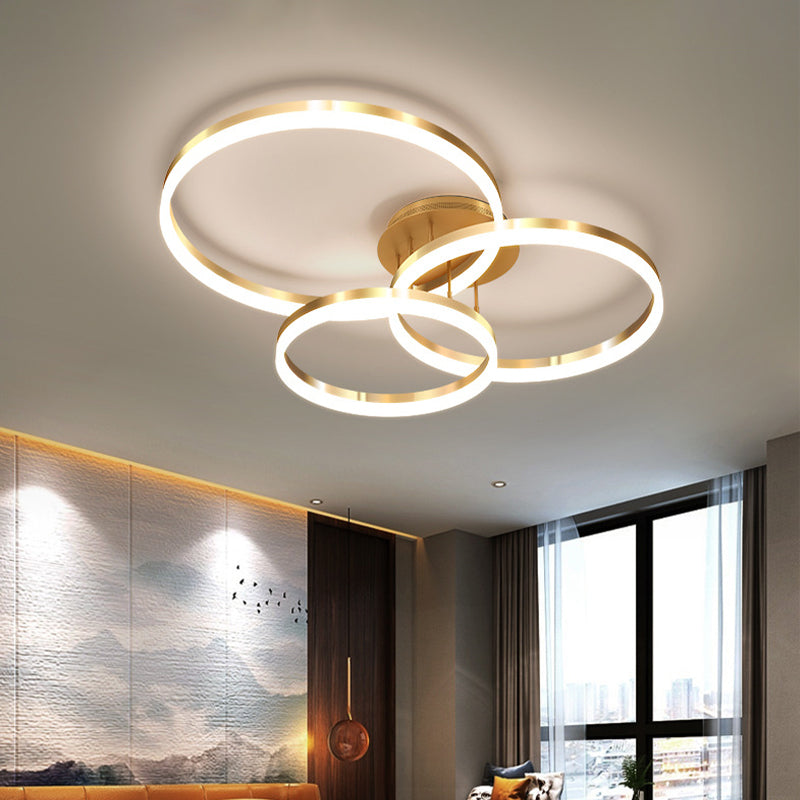 Gold/Coffee 3-Ring LED Ceiling Fixture Minimalist Acrylic Semi Flush Mount Lamp in Warm/White Light