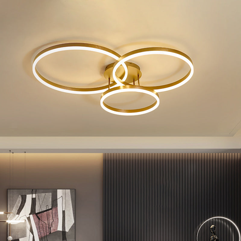 Gold/Coffee 3-Ring LED Ceiling Fixture Minimalist Acrylic Semi Flush Mount Lamp in Warm/White Light