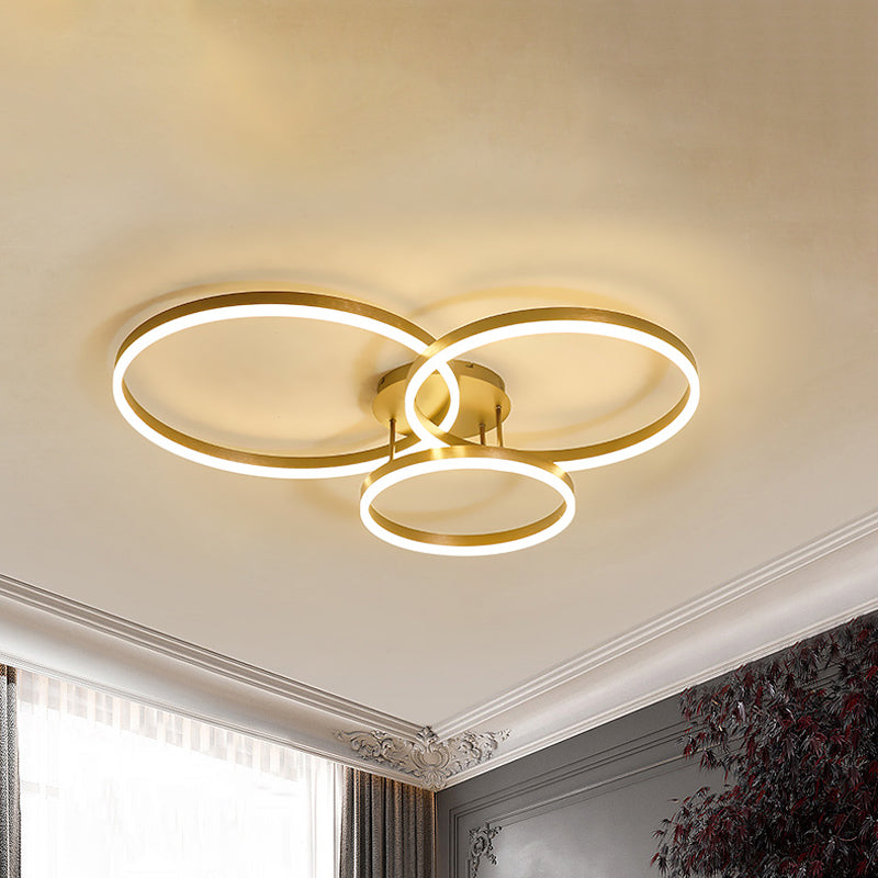 Gold/Coffee 3-Ring LED Ceiling Fixture Minimalist Acrylic Semi Flush Mount Lamp in Warm/White Light