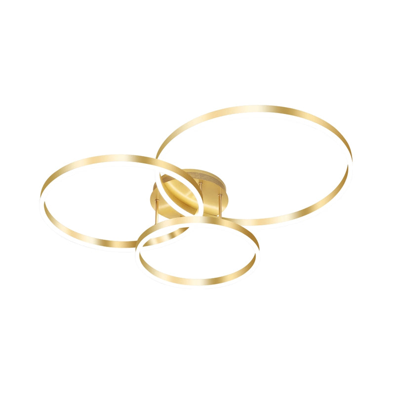 Gold/Coffee 3-Ring LED Ceiling Fixture Minimalist Acrylic Semi Flush Mount Lamp in Warm/White Light