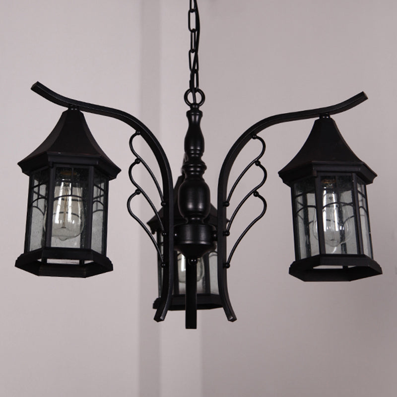 Black 3/5/6 Heads Ceiling Light Industrial Clear Glass Lantern Chandelier Light Fixture