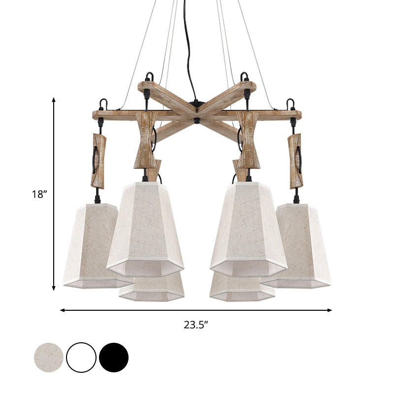 6 Heads Tapered Chandelier Lighting Industrial Black/White/Flaxen Wood Ceiling Suspension Lamp