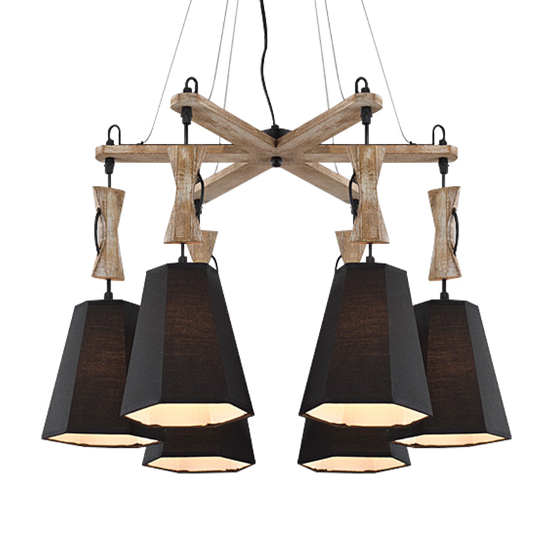 6 Heads Tapered Chandelier Lighting Industrial Black/White/Flaxen Wood Ceiling Suspension Lamp