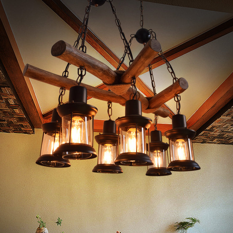 6 Heads Wood Pendant Lamp Industrial Wood Lantern Restaurant Chandelier Light Fixture