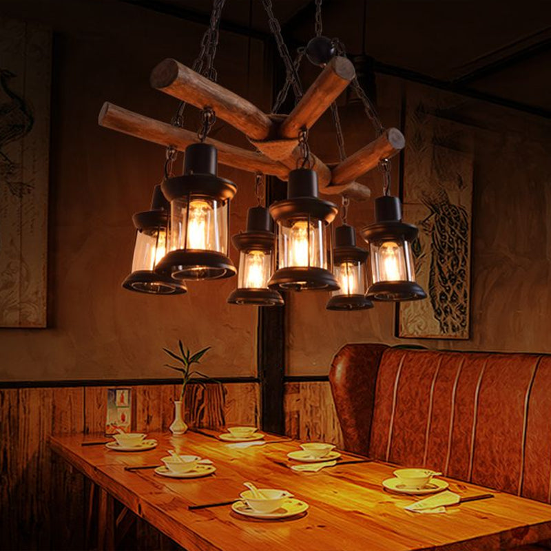 6 Heads Wood Pendant Lamp Industrial Wood Lantern Restaurant Chandelier Light Fixture