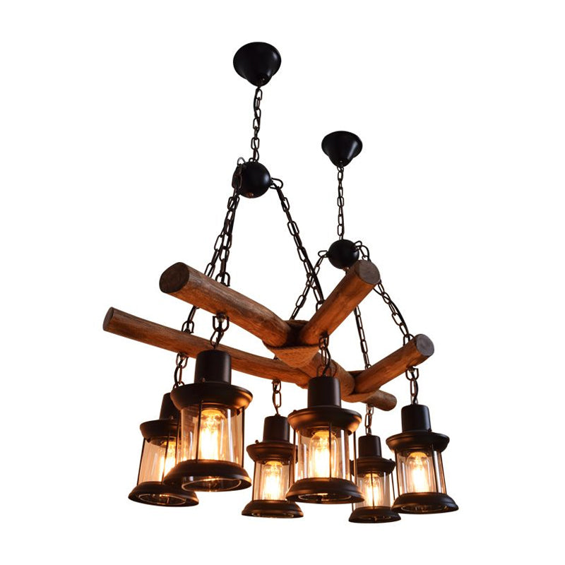 6 Heads Wood Pendant Lamp Industrial Wood Lantern Restaurant Chandelier Light Fixture
