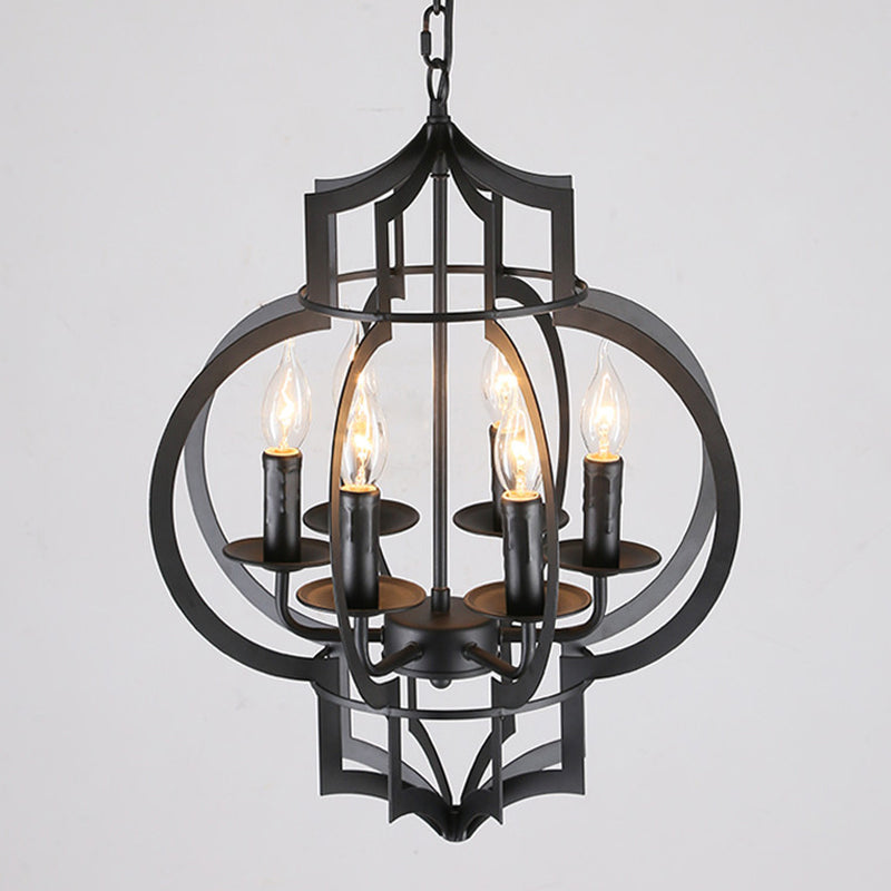 Metallic Black Hanging Chandelier Lantern 6-Light Retro Style Ceiling Suspension Lamp