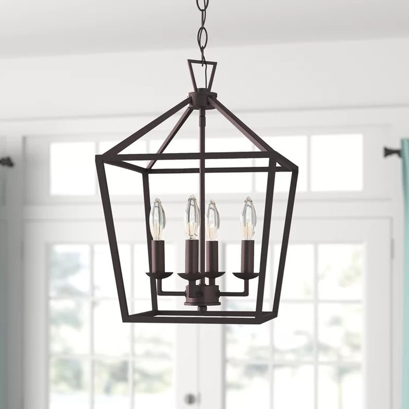 Black Trapezoid Pendant Lighting Fixture Vintage Iron 4 Bulbs Kitchen Ceiling Chandelier